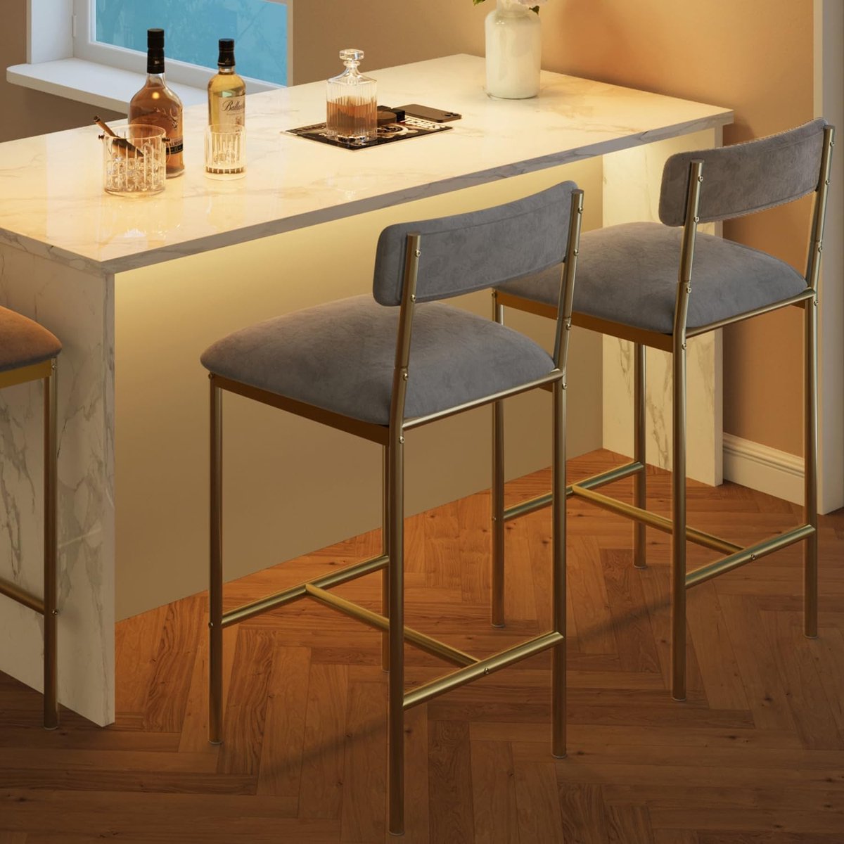 Set van 2 barstoelen, keukenbarstoelen met voetsteun, 64,8 cm hoge gestoffeerde stoelen met rugleuning, 2 barstoelen op aanrichthoogte voor bar en keukeneiland, eenvoudige montage