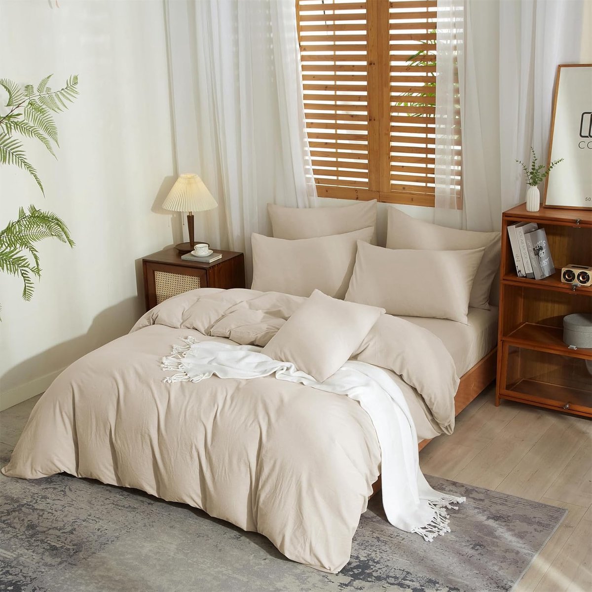 SnelShoppen - Halflinnen Beddengoed Beige 200x200 cm met Ritssluiting en 2 Kussenslopen 80x80 cm, Zacht, Ademend, Modern, Perfect voor Slaapkamer en G