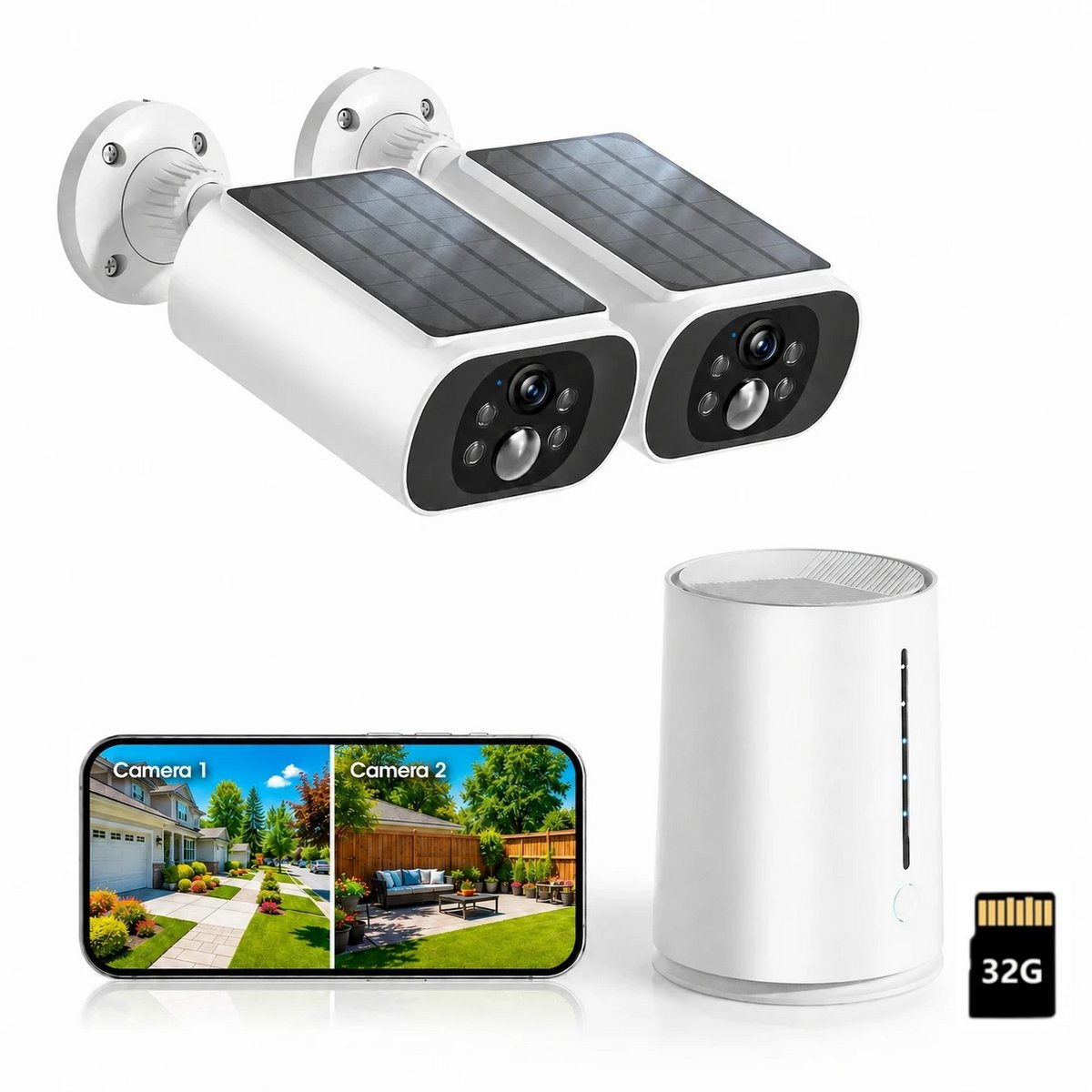 Draadloze Beveiligingscamera - Voor Buiten en Binnen - 2 Bulletcamera’s en Basisstation - 2K - Kleurennachtzicht - Lokale Opslag - Geen Maandelijkse Kosten - met 32GB TF-Kaart