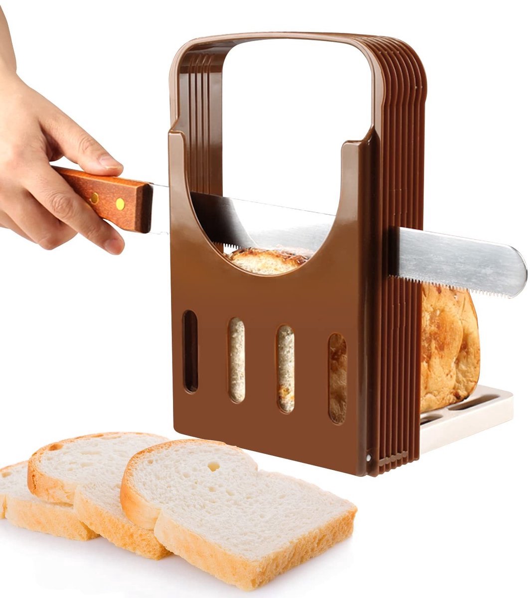 Handmatige Broodsnijmachine - Handmatige broodsnijmachine - Broodsnijmal - Opvouwbaar - Gemakkelijk op te bergen - Antislipvoet - Ruimtebesparend - Vier instelbare diktes - Geschikt voor brood, kaas en ham - Bruin - 1 stuk