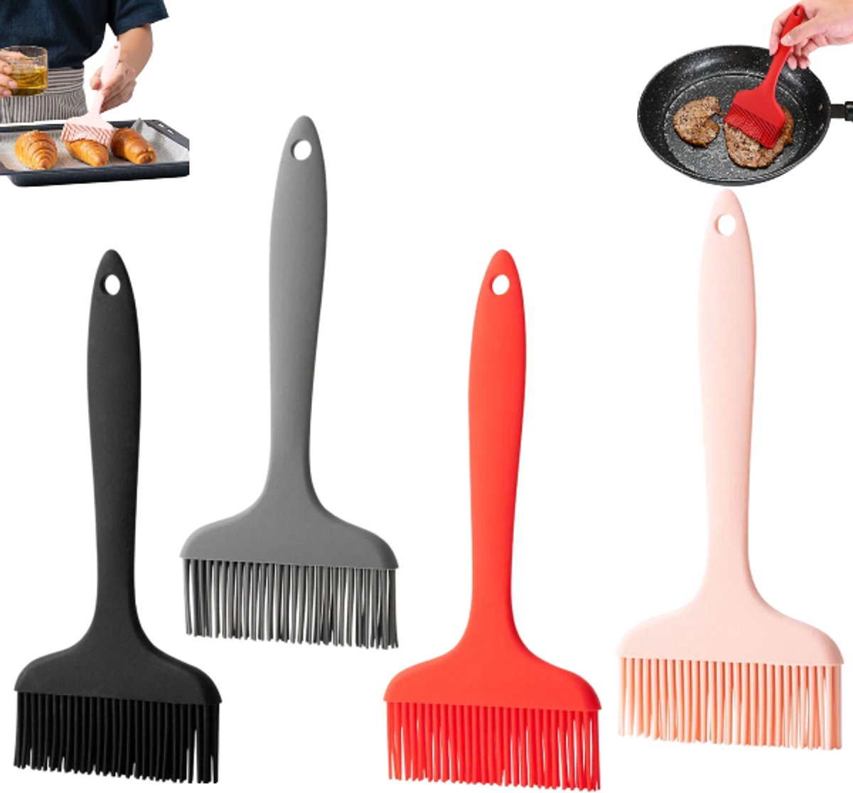 4 stuks- siliconen oliekwast - BBQ- en bakkwast - Oliekwast - Hittebestendige keukenkwast - Kruidenkwast - Sauskwast - Bakkwast - Roze, rood, grijs, zwart - Geschikt voor barbecueën en bakken - Geschikt voor sauzen, boter, oliën en marinades