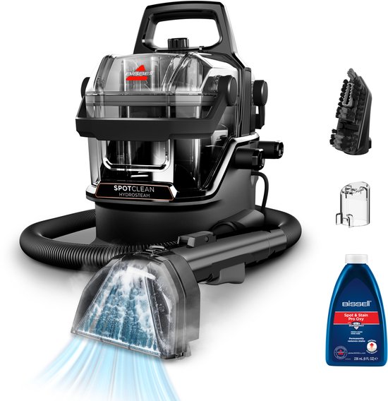 BISSELL SpotClean HydroSteam Select, draagbare vlekkenreiniger met waterslang en reinigingsmondstuk. Inclusief fles reinigingsmiddel en extra accessoires.