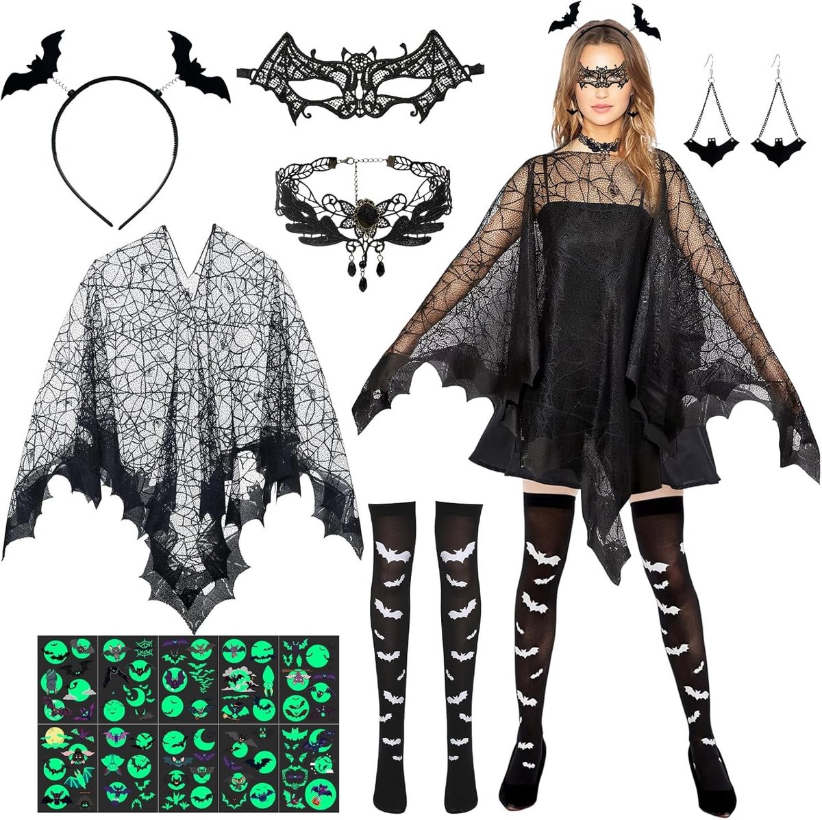 Vrouwelijk Halloween Kostuum met Zwarte Spinnenweb Cape, Hoofdband, Oogmaskers en Sieraden voor Feestdagen en Carnaval