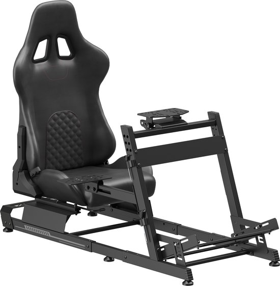 Siège de course noir avec dossier matelassé, supports de volant et de pédales et repose-pieds réglables.