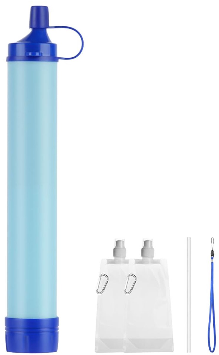 Waterzuiveraar voor buiten - Waterzuiveraar - Persoonlijke waterzuiveraar met rietje - Draagbaar waterzuiveringssysteem - Draagbaar - Geschikt voor buitenactiviteiten, wandelen, kamperen en noodgevallen - Blauw