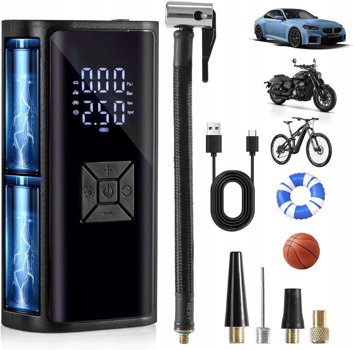 Elektrische Fietspomp - Elektrische Bandenpomp - Luchtcompressor - 150 PSI - 4 Standen - Automatische Stop - LCD - Universeel - Powerbank - Voor Fiets / Auto / Motor / Ballen