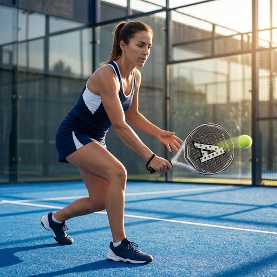 Vrouw speelt padel met een zwarte en zilverkleurige padelracket met witte letter A. Op een blauw padelveld. Tekst: Nexo Control.