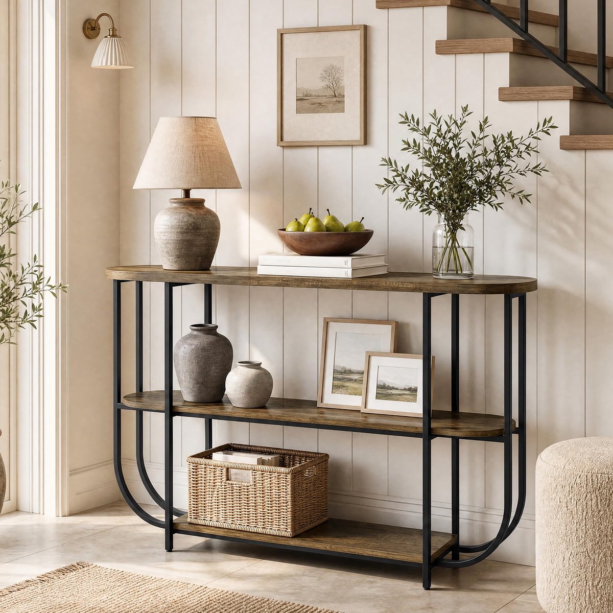 LITTLE TREE Consoletafel - Ingangstafel - Gebogen metaalframe & houtblad - Bruin - Vintage modern - 160 x 30 x 90 cm - Smalle 3-laags tafel voor hal en woonkamer