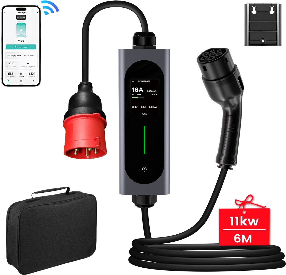 Cestovet Mobiele Thuislader 11kW met APP - CEE naar Type 2 stekker - 6 meter Laadkabel - 16A 3 fase - IP66 Waterdicht EV Oplader - LCD Digitaal Display