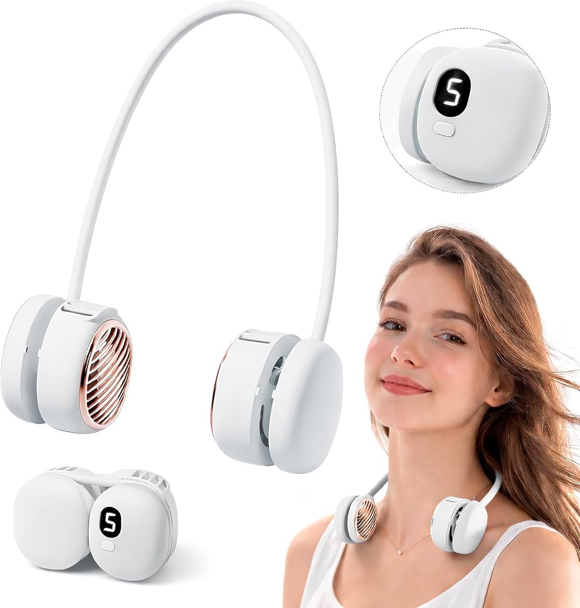 Ventilator - Oplaadbare nek ventilator, 5 standen, led-display, draagbaar en handsfree, 120 turbinebladen, 360° flexibel, 40 dB stil, ideaal voor reizen, sporten en kantoor (wit)