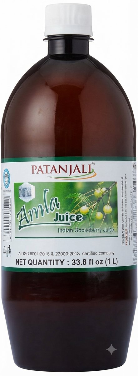 Patanjali Amla Sap 1000 ml Indische Kruisbes Sap - Kruisbes Vitamine C Drank, Immuunsysteem Spijsvertering Stofwisseling | Ayurveda Detox Sap | Rijk aan Natuurlijke Antioxidanten Met Kajal Sticker