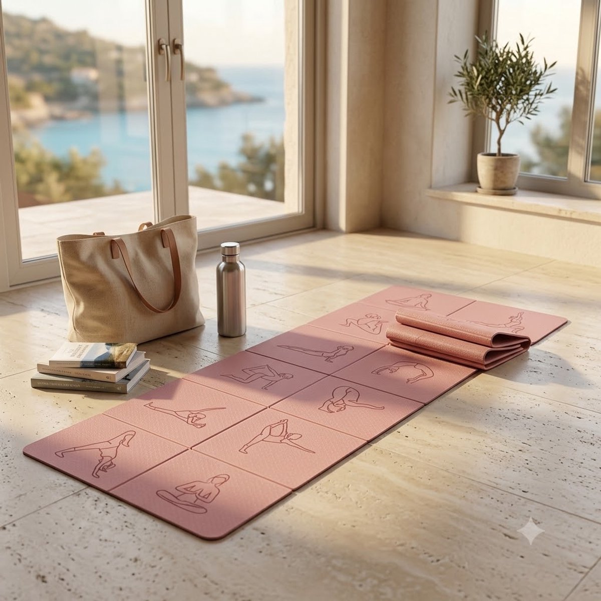 Roze opvouwbare Pilates mat yoga mat unisex 183 x 61 cm 4 mm dik antislip TPE fitness mat reis yogamat voor yoga pilates stretching thuis fitness draagbare trainings mat thumbnail 5