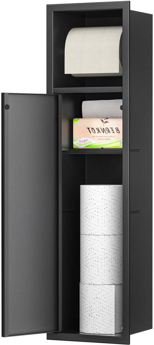 SnelShoppen - Inbouw Toiletpapierhouder Roestvrij Staal voor Toiletborstelset, Badkamerkast met Toiletpapierhouder, Badkamer Accessoires Zwart 63 x 15