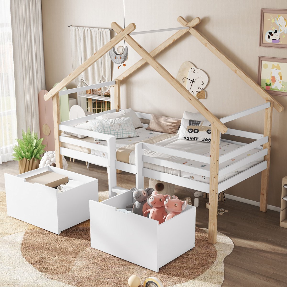 COVREO Bed 90x200 cm wit naturel met trap en opbergruimte zonder matras