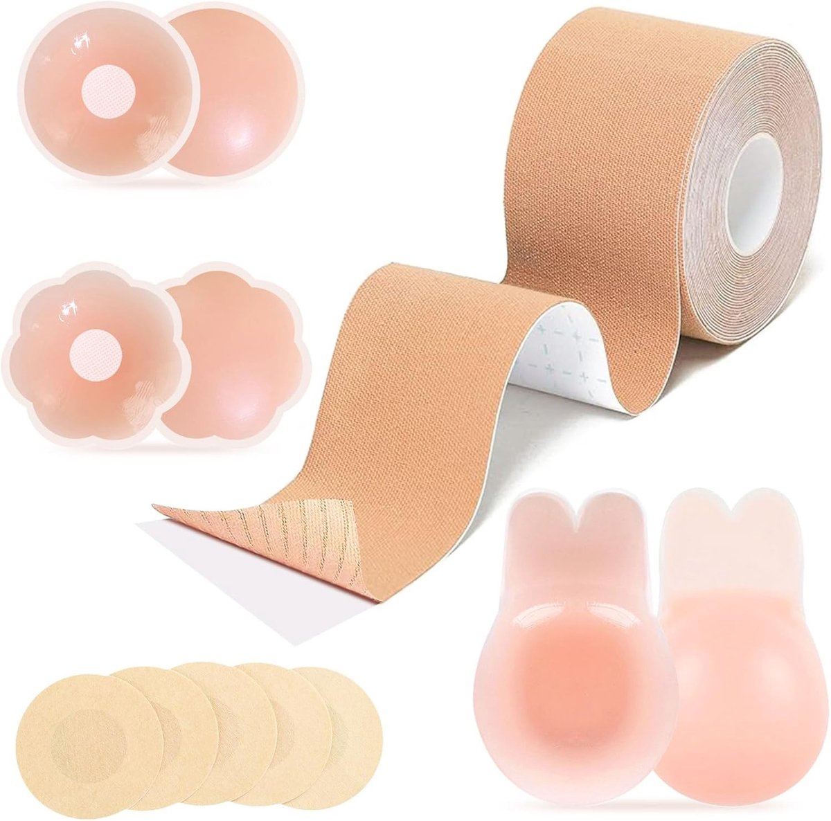 Borsttape voor een perfecte push-up, onzichtbare tepeltape met siliconen tepelpads, ideaal voor cupmaten A-G, beige en huidkleurig