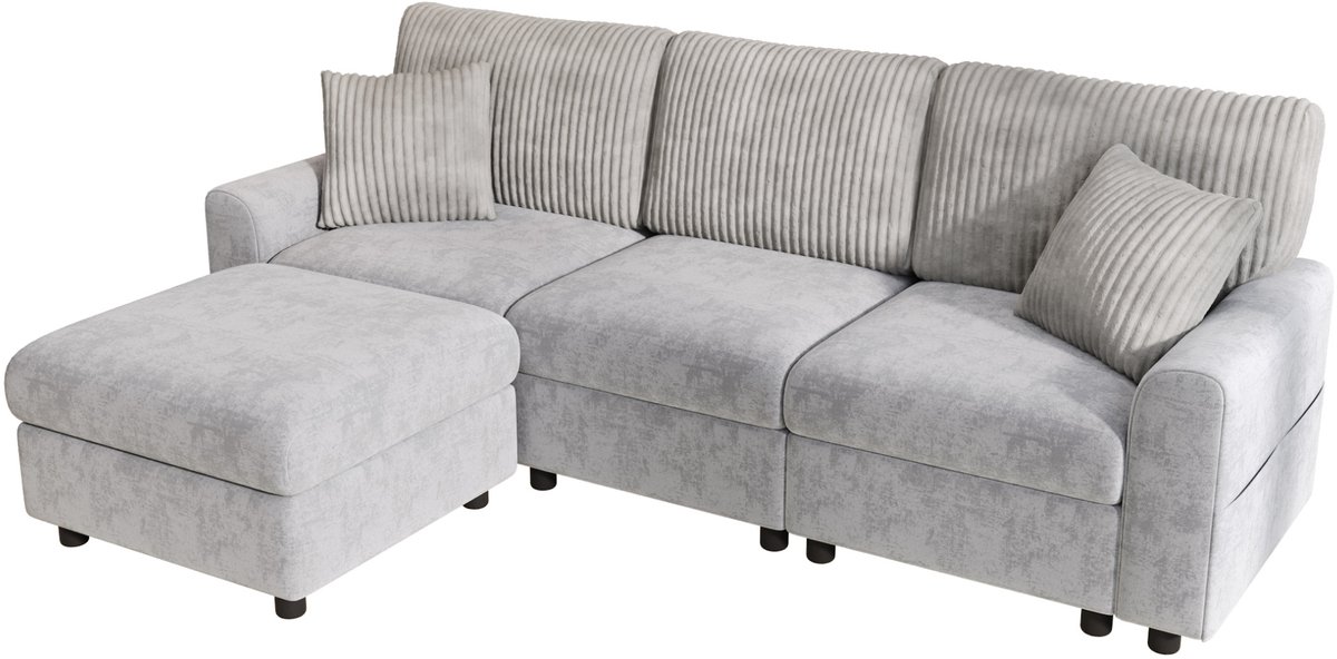 REDOM Bank - Hoekbank met 1 voetenbank en 2 vierkante kussens - USB- en Type-C-aansluiting - moderne stijl - woonkamer - chenille en corduroy - Grijs - 223 x 146 x 84 cm