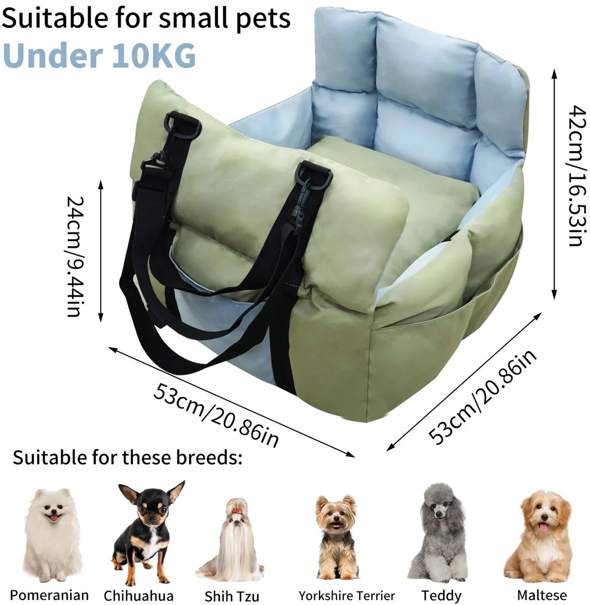 DierDO - Hondenautostoel - Autostoel Hond - Hondenmand Auto - Groen - 53x53x42 cm - Veiligheidsriem - Opbergvakken - Wasbaar