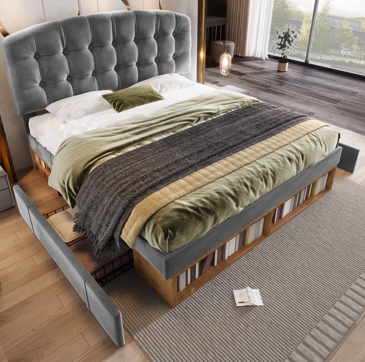 COVREO Bedframe 140x190 cm grijs velvet met opbergruimte zonder matras 灰色