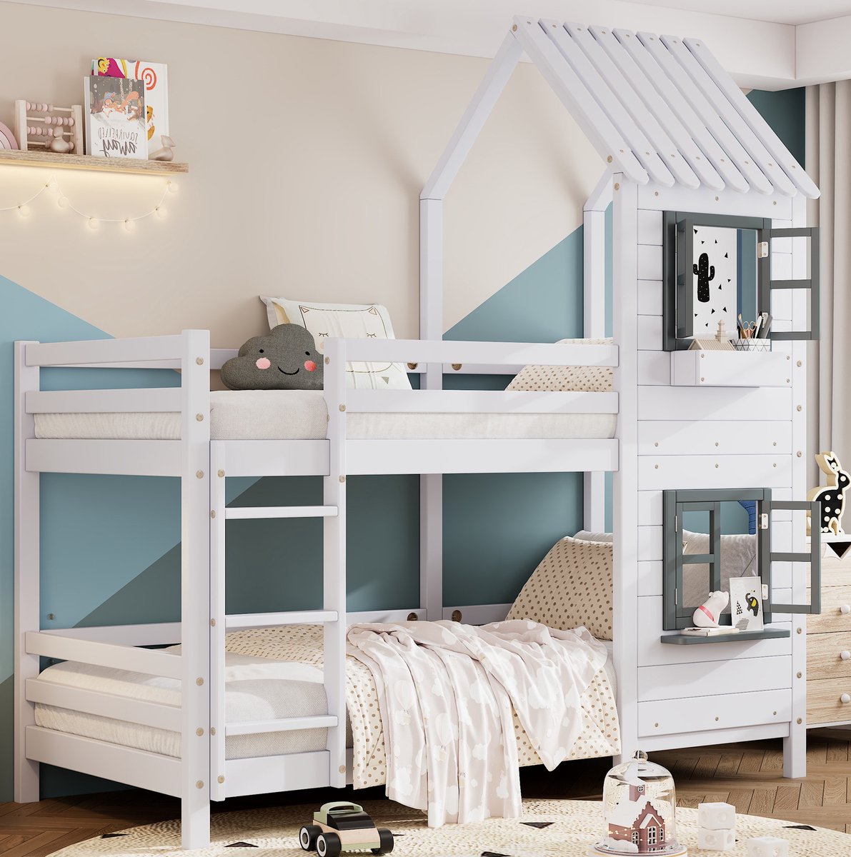 COVREO Etagenbett met handlauf en vensters – 208x96x229,5 cm – Huisbed van kiefrenhout en MDF – voor kinderkamer met opbergruimte – Wit/grijs - zonder matras White