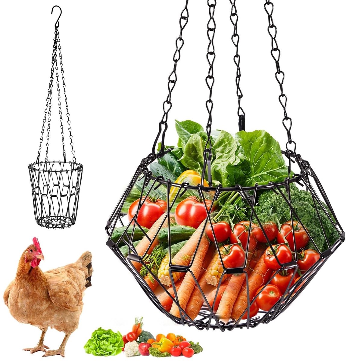 Hanging Voeder voor Kippen, 40 cm Vouwbare Voederhouder voor Groenten en Fruit, Inclusief 4 Kettingen voor Makkelijk Ophangen en Voeden
