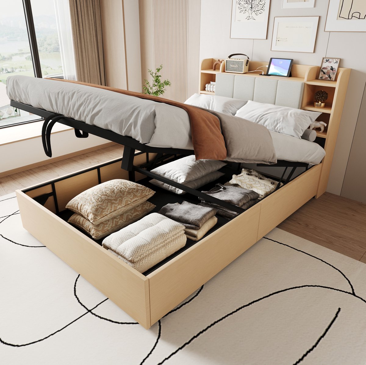 COVREO Bedframe 140x200 cm - licht houtkleur, opbergruimte, zonder matras Natuurlijk hout