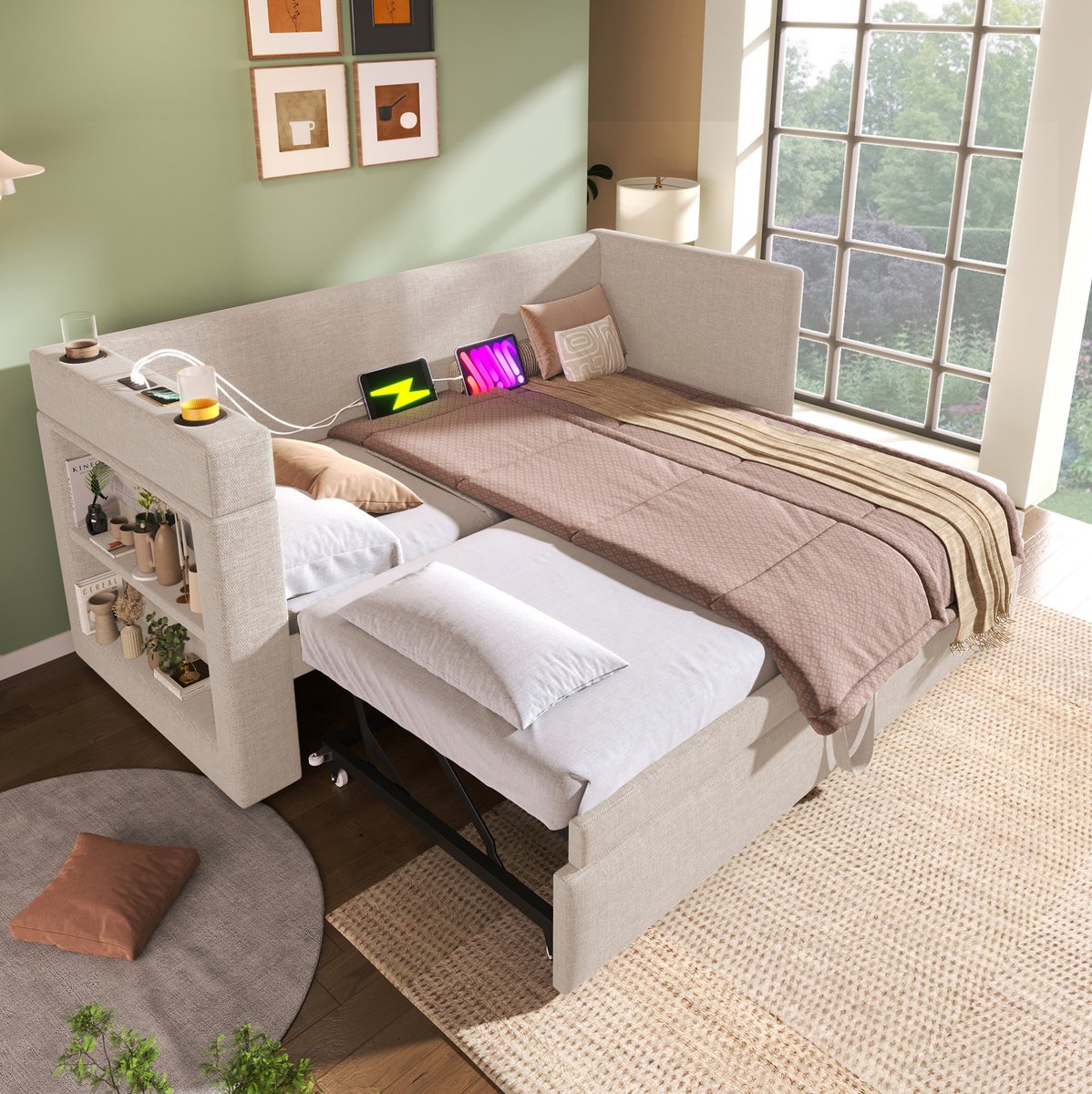 STILVORA Gestoffeerde Slaapbank 90x190 cm – Bedbank Met Uitrekbed – USB- En Type-C-Oplaadpunten & Bekerhouders – Voor Volwassenen – Beige – Zonder Matras
