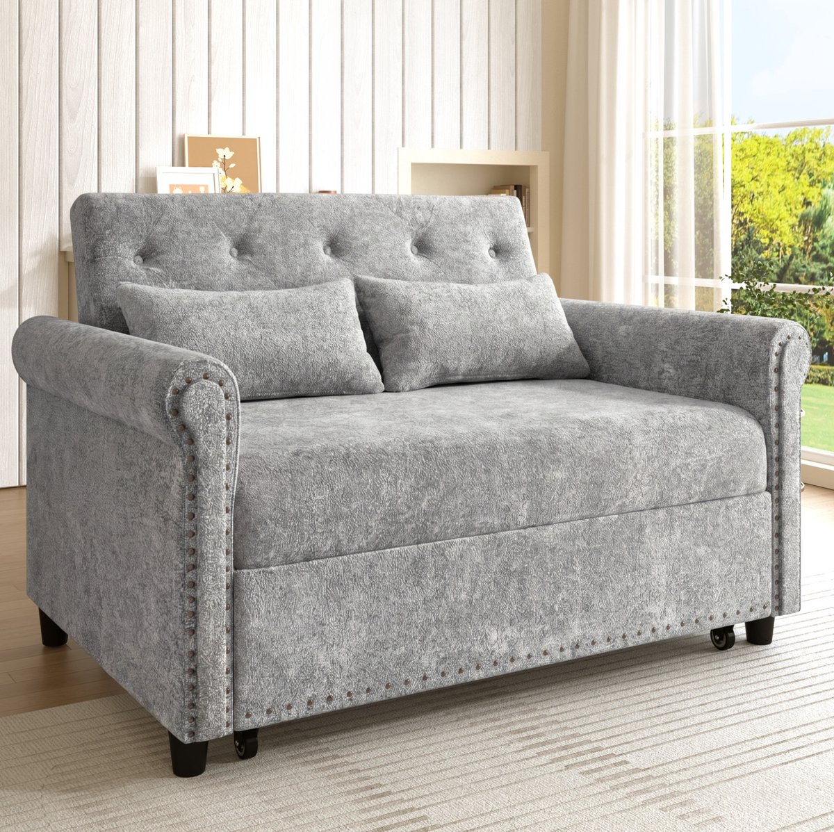 REDOM - Slaapbank - 3-in-1 met uitklapbaar bed - Verstelbare rugleuning in 3 standen - Chenille bekleding - 2-zits - Woonkamer en logeerkamer - Grijs - 120 x 80 x 82 cm