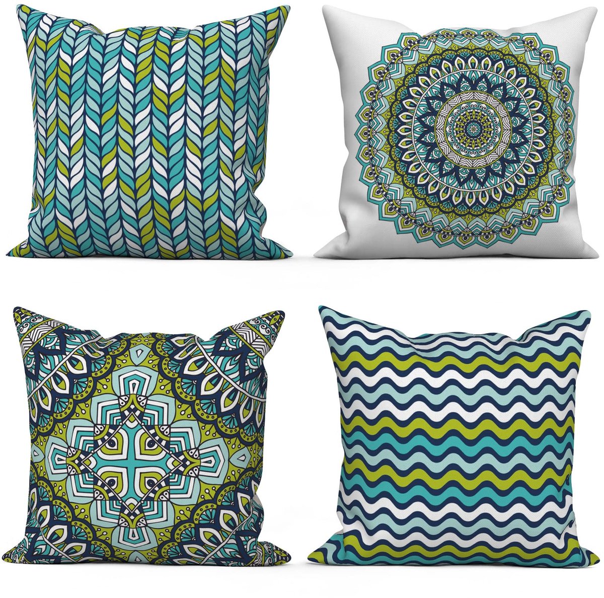 SnelShoppen - Boho Kussenslopen Set van 4 - 40 x 40 cm - Retro Geometrisch Datura-Patroon - Groen - Wasbaar Polyester/Linnen - Ideaal voor Bank, Sierk