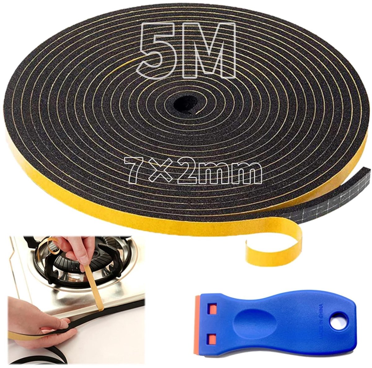 Adhesieve Afplaktape 5m x 7mm x 2mm – Voor Kookplaat, Gootsteen en Inductiekookplaat – Warmtebestendig, Waterdicht en Inclusief Schraper