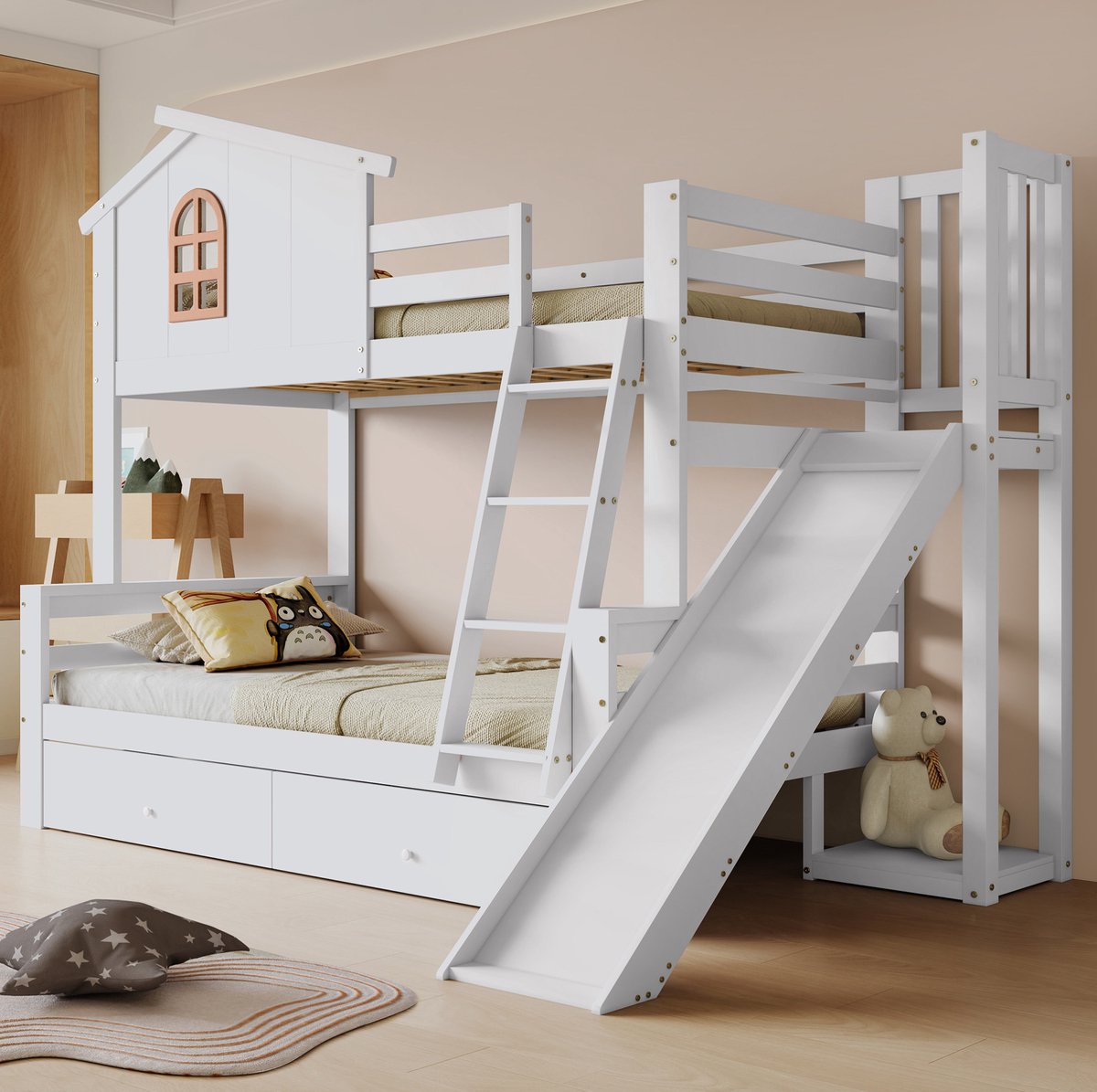 COVREO Stapelbed 90x200 en 120x200 cm wit met glijbaan zonder matras