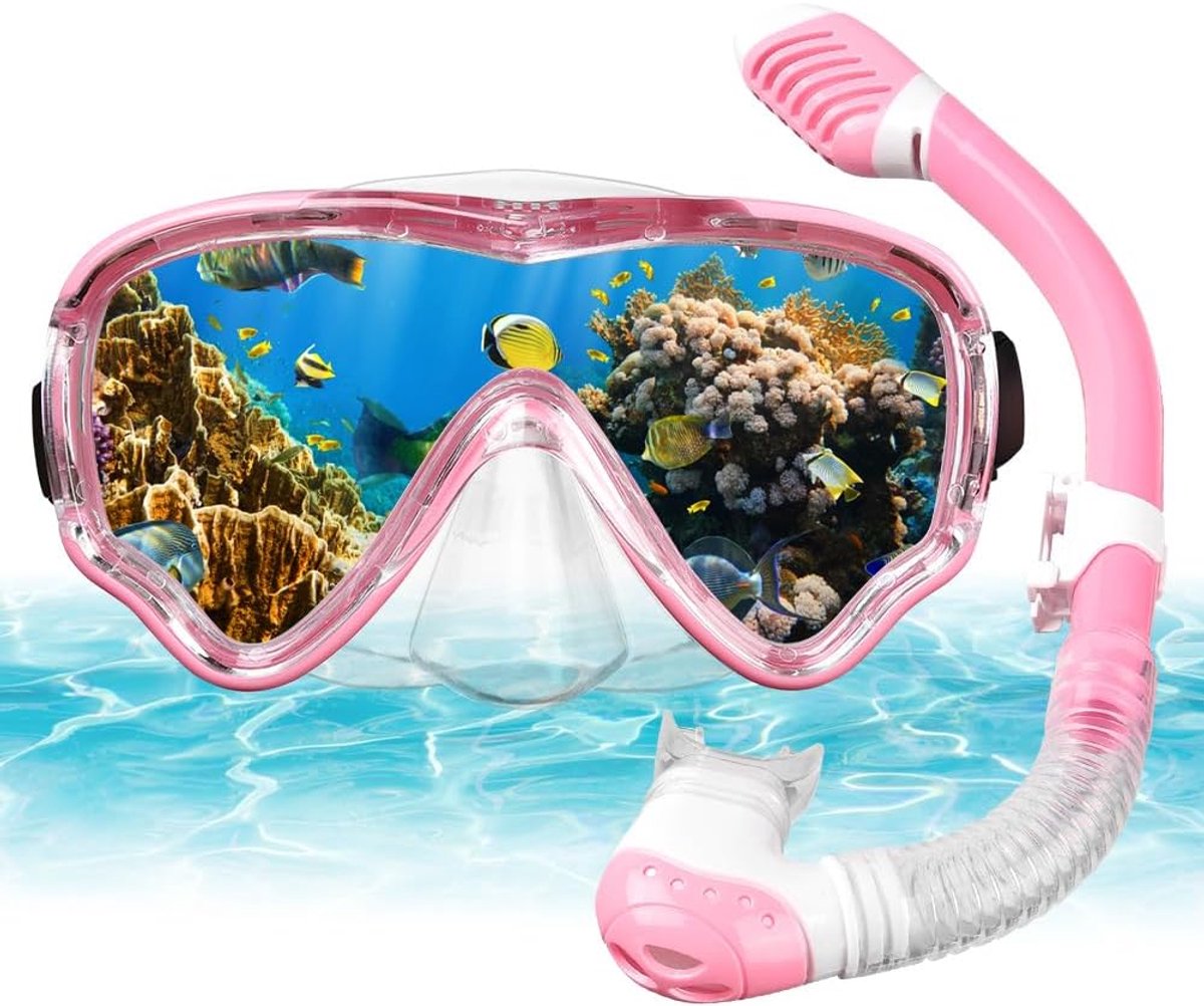 SnelShoppen - AOOSA Kids Snorkelset voor Kinderen, Anti-condens Duikmasker met Gehard Glas, Panoramisch Brede Zicht, Droge Top Snorkel, Roze Snorkelui