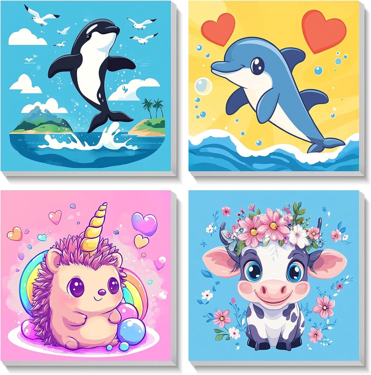 Set van 4 Dieren Schilderen op Nummer voor Kinderen en Volwassenen, Acryl Schilderen voor Kamerversiering, 20x20cm, Creatieve Activiteit voor Beginners