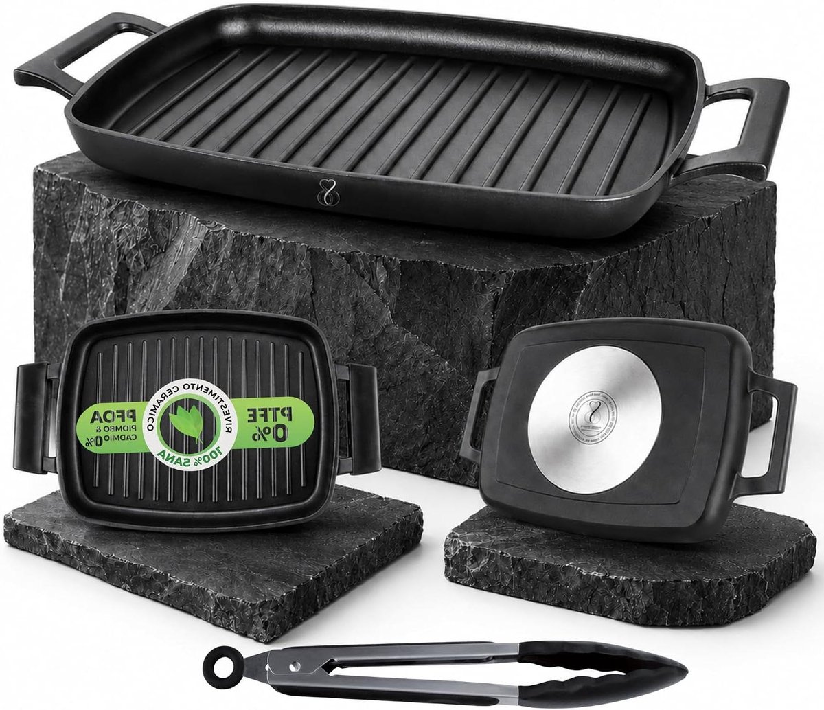 Inductie Grillplaat - BBQ Grillpan - Gezond Koken - Duitse Keramische Anti-aanbaklaag - 47 cm Rechthoekig - Zilver