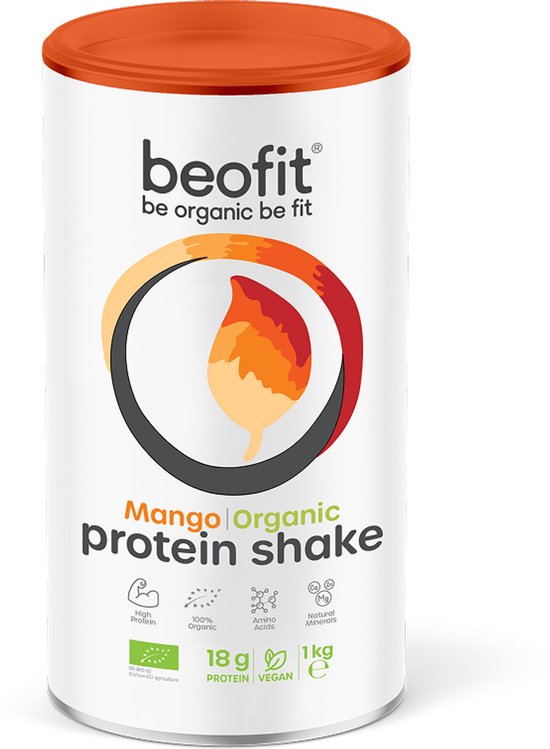 Witte container met beofit Mango biologische eiwitshake, oranje dop, met logo en "1kg" aanduiding.