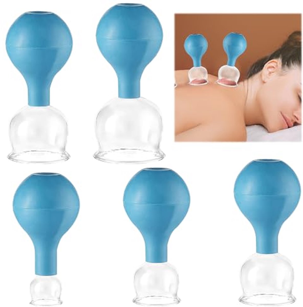 Cupping Glazen Set - Zuigballen Therapie - Gezichtsverzorging Huid - Instelbare Zuigkracht - 5 Verschillende Maten - Blauw