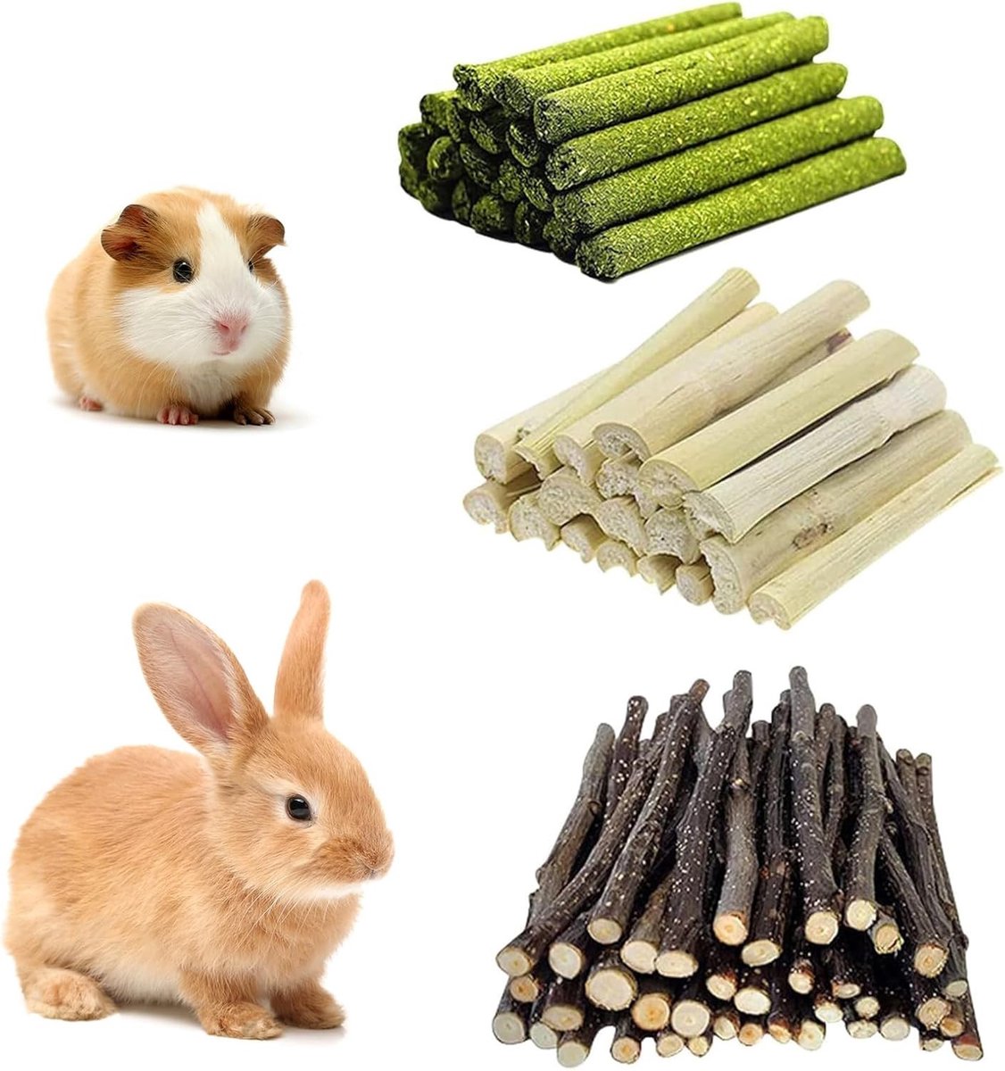 Natuurlijke mix van zoete bamboe, appelhout en hooistokjes voor knaagdieren, 300 g, ideaal voor konijnen, cavia's en hamsters