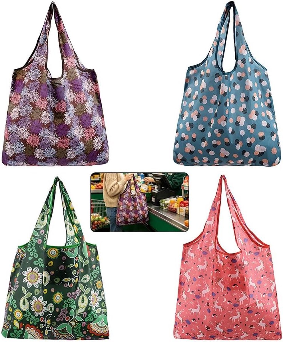 Vouwbare boodschappentassen met schattige bloemenprint, ideaal voor dagelijkse boodschappen, supermarktbezoeken en kampeertrips