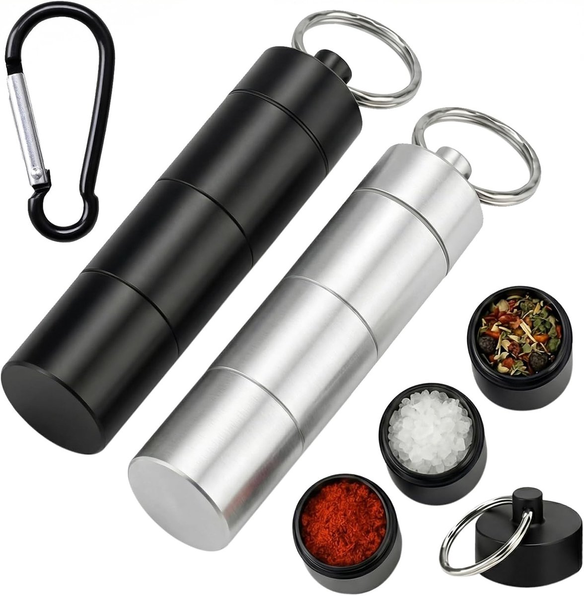 Set van 2 Waterdichte Mini Kruidenpotjes voor Kamperen, BBQ en Buiten Koken - Draagbare Aluminium Kruiden Dispenser met 3-in-1 Functie