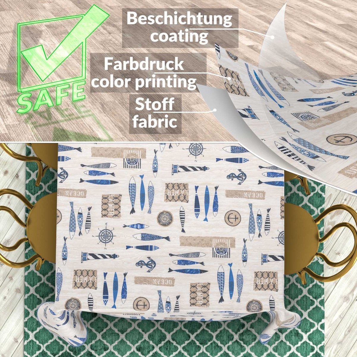ANRO Tafelkleed Maritiem Blauw 160x140cm Met sierband Afwasbaar Waterafstotend Binnen & Buiten