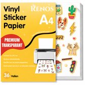 A4 stickerpapier "Renos" met transparante vinyl vellen, 36 stuks. Met diverse leuke stickers zoals een corgi, ijsje, verkeerslicht en cactus.