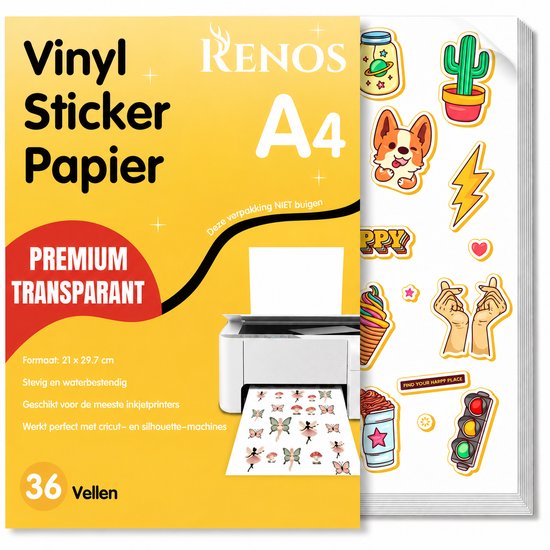A4 stickerpapier "Renos" met transparante vinyl vellen, 36 stuks. Met diverse leuke stickers zoals een corgi, ijsje, verkeerslicht en cactus.