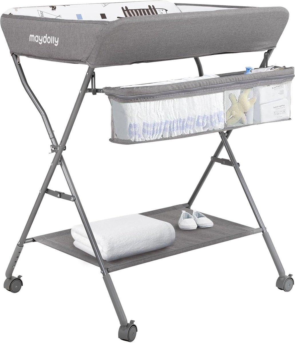 SnelShoppen - Maydolly Baby Opklapbare Commode - Mobiele Luiertafel met Wielen, Aankleedkussen, Waterdicht, Hoogte Verstelbaar, Baby Luiercombi met Op