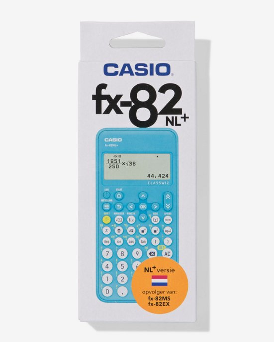 Blauwe Casio fx-82NL+ rekenmachine in verpakking met Nederlandse tekst "NL+ versie".