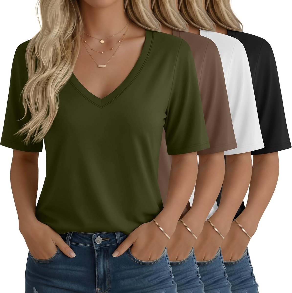 Dames halfmouw T-shirts V-hals, ellebooglange tops, losse pasvorm, casual zomershirts voor dagelijks gebruik en comfortabele stijl