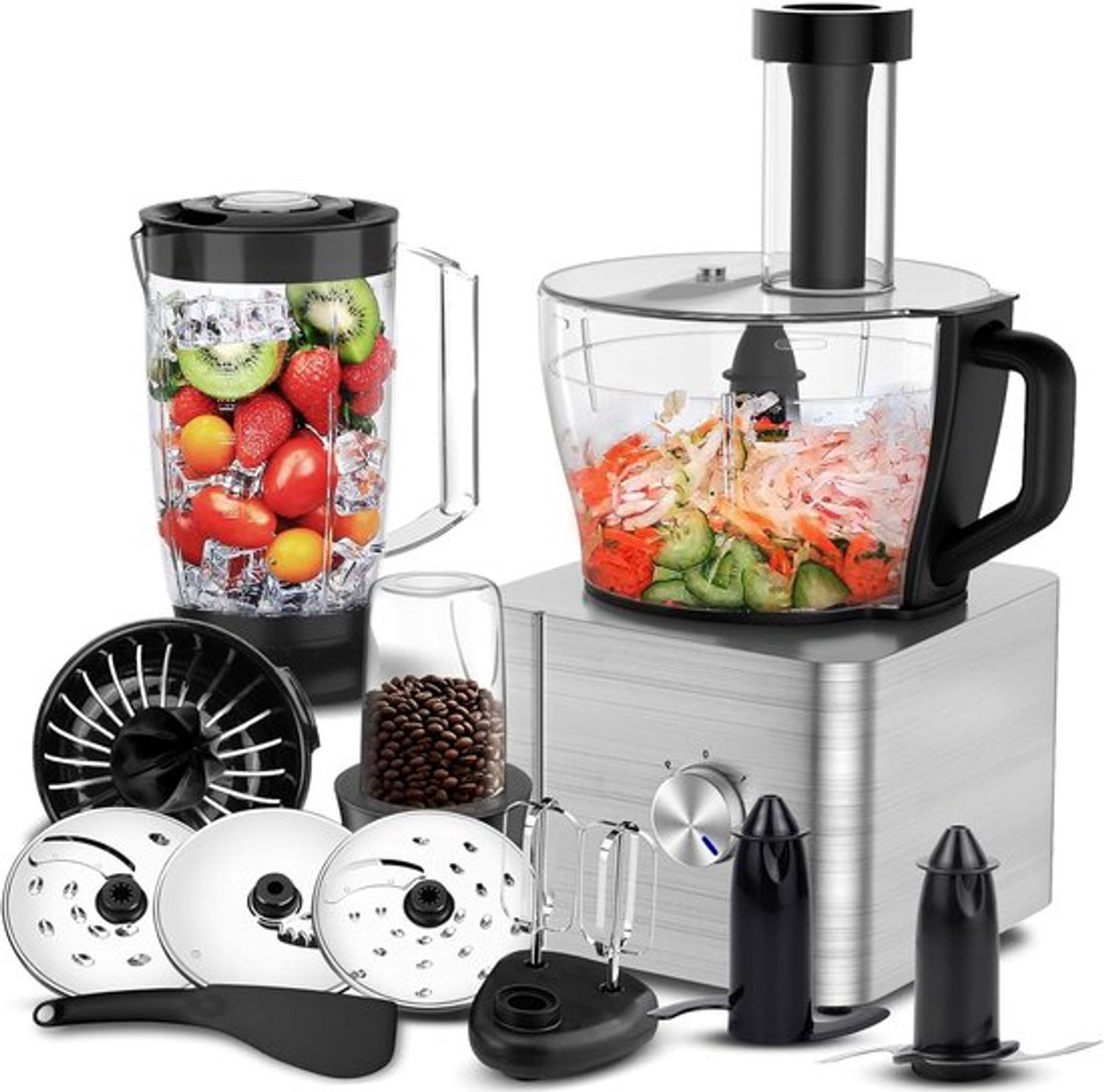 SnelShoppen - Multifunctionele Food Processor 1100W, 3.2L Mengkom, Keukenmachine Voor Koken, Hakken, Kneed, Mixen en Malen, Zilver