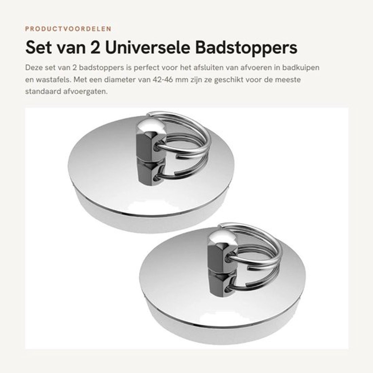 Badstop 42-46 mm - Set van 2 - Afvoerstop voor badkuip - Gootsteenafvoerstop - Lekvrije rubberen stop - Roestvrij staal met rubberen ring
