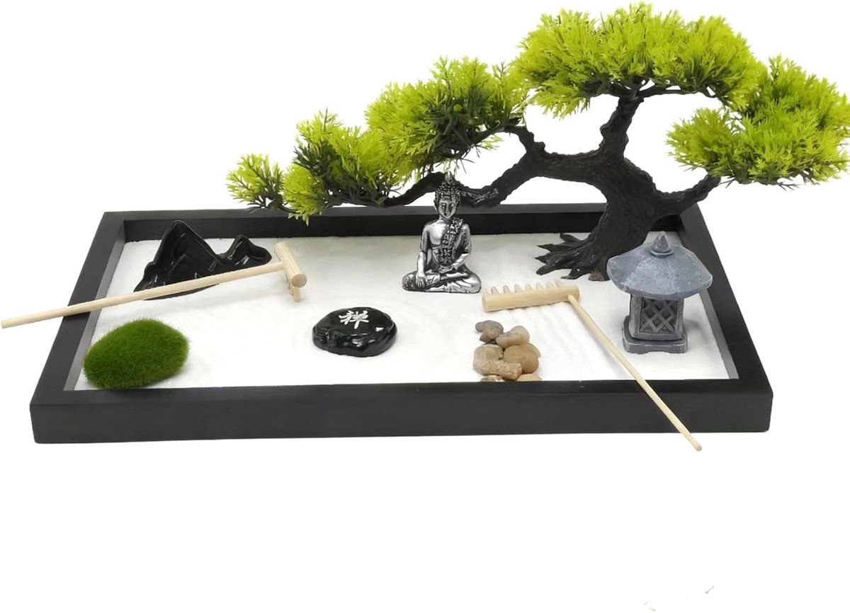 Miniatuur Zen-tuin 12x8 inch met Zand, Beeldjes en Stenen - Perfect voor Meditatie, Thuisdecoratie en Kantooraccessoires