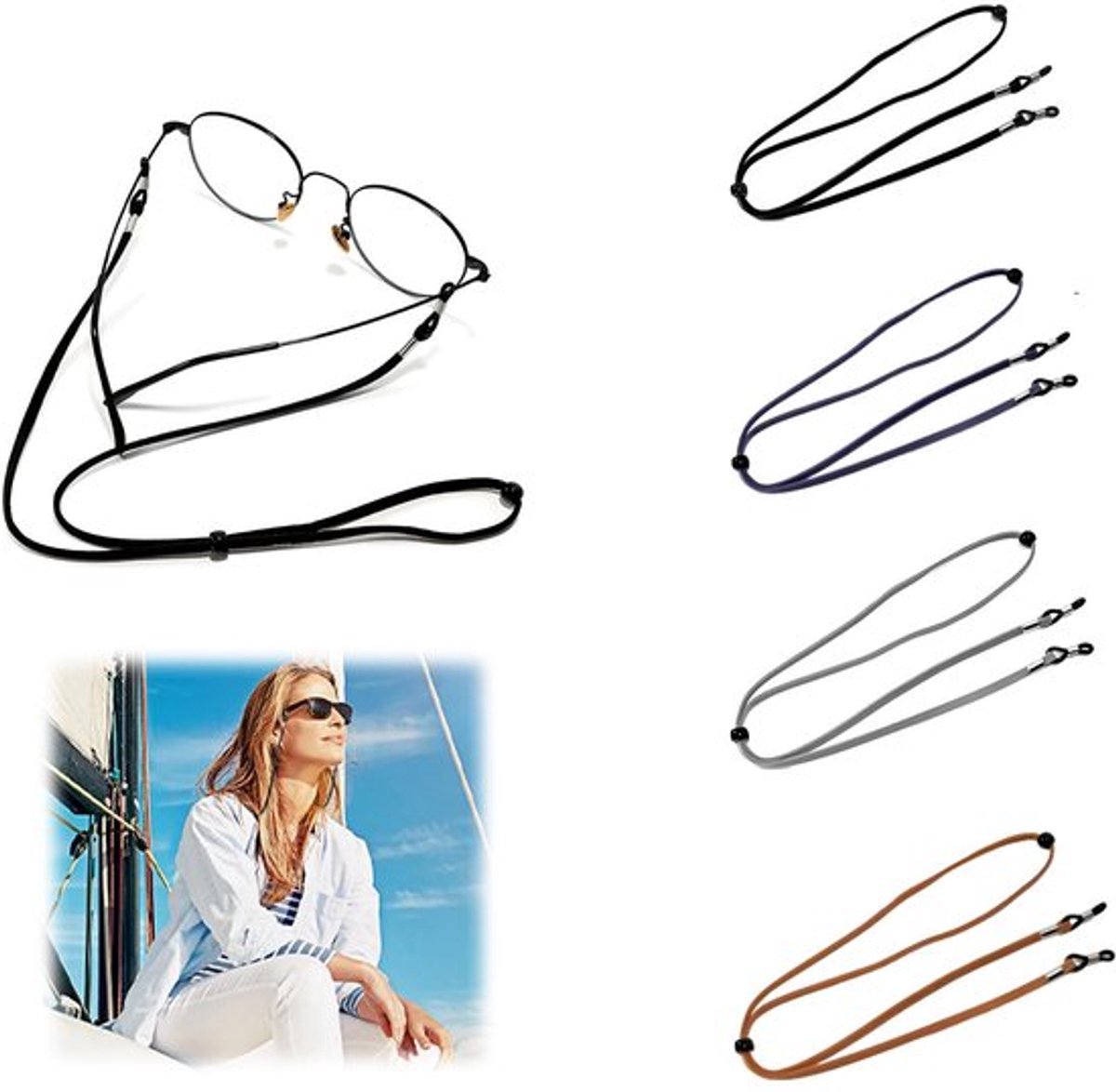 Brillenband Set van 5 - Verstelbaar - Antislip - Leer/Suède - Meerkleurig - Comfortabel en praktisch - Brilketting