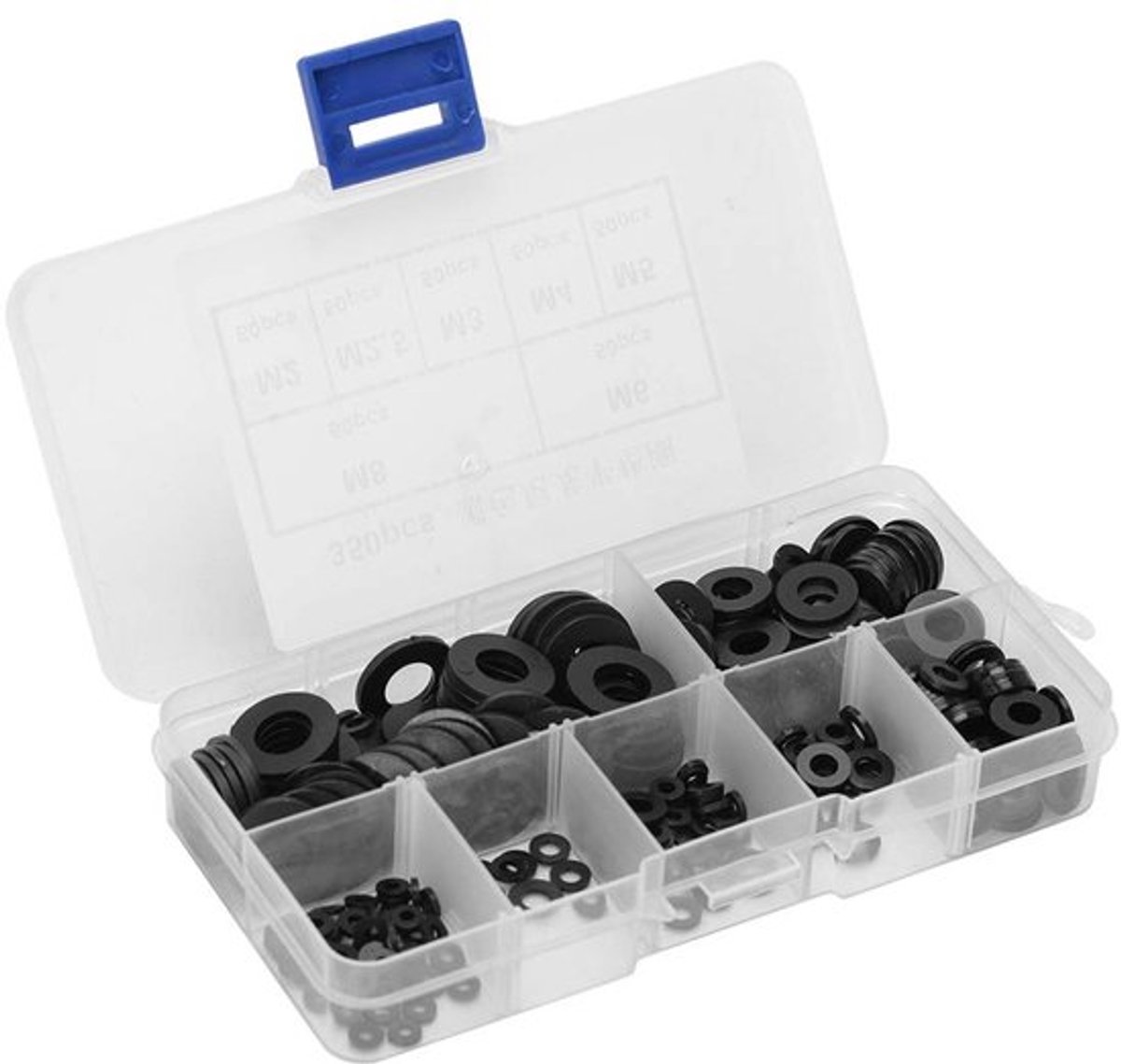 Pakking Set 350 Stuks - Nylon Sluitringen M2/M2.5/M3/M4/M5/M6/M8 - Platte Ringen - Opbergdoos - Schokbestendig en Corrosiebestendig - Sluitring