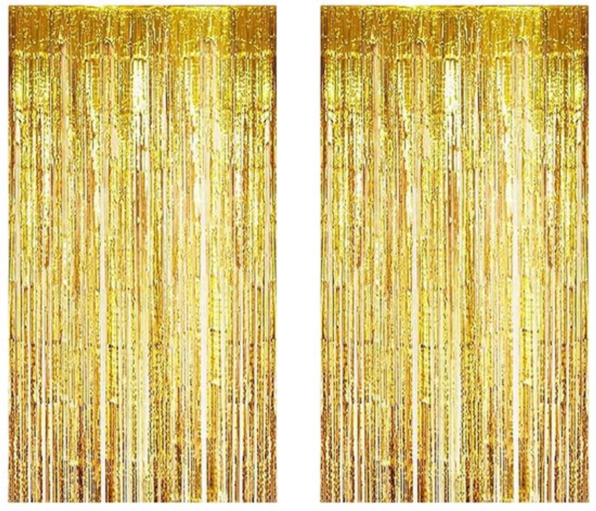 Lametta Gordijnen Goud - Feestgordijn - Foliefranjes - Achtergrond voor Verjaardagsdecoratie - Decoratie - 2 Stuks van Hoogwaardig Aluminiumfolie - Decoratiegordijn
